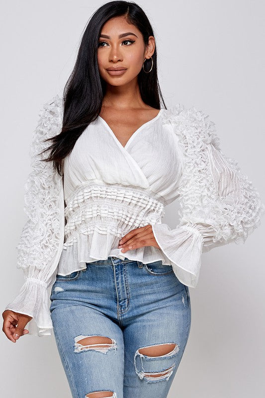 Women's Surplice Peplum Ruffled Long Sleeve Blouse Shirt