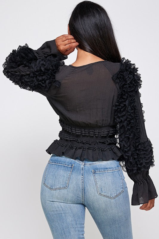 Women's Surplice Peplum Ruffled Long Sleeve Blouse Shirt