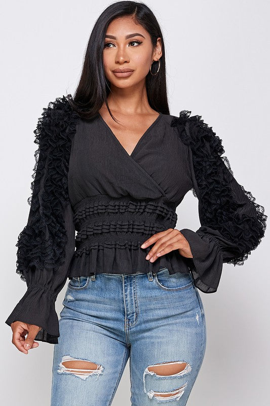 Women's Surplice Peplum Ruffled Long Sleeve Blouse Shirt