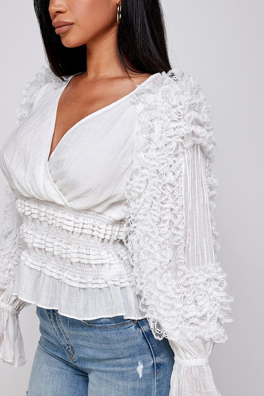 Women's Surplice Peplum Ruffled Long Sleeve Blouse Shirt