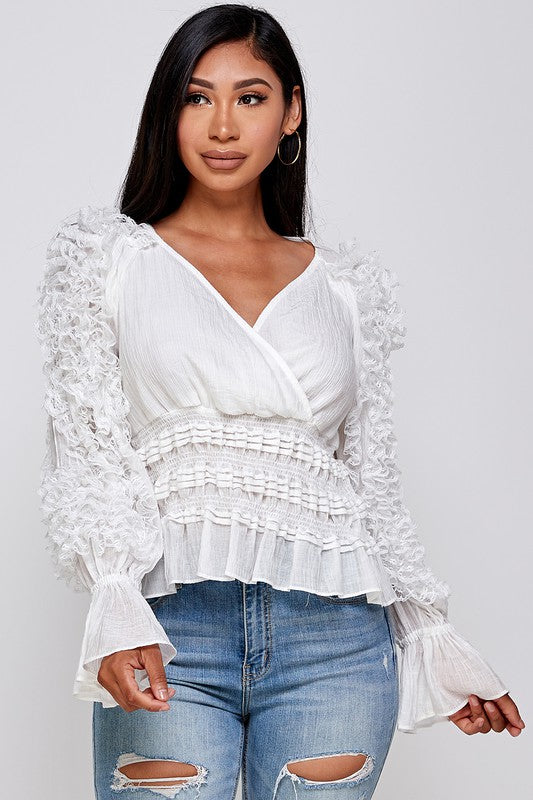 Women's Surplice Peplum Ruffled Long Sleeve Blouse Shirt