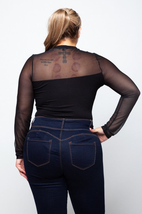 Plus Size White Mesh Inset Long Sleeve Bodysuit