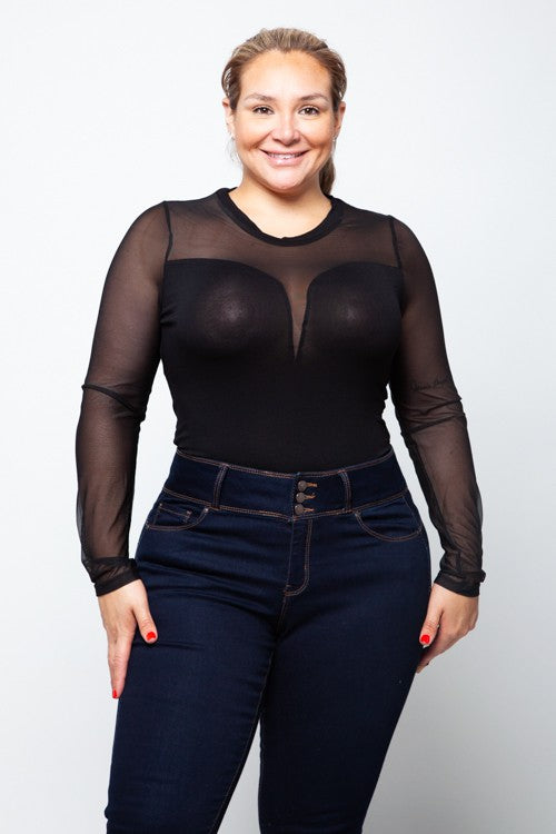 Plus Size White Mesh Inset Long Sleeve Bodysuit