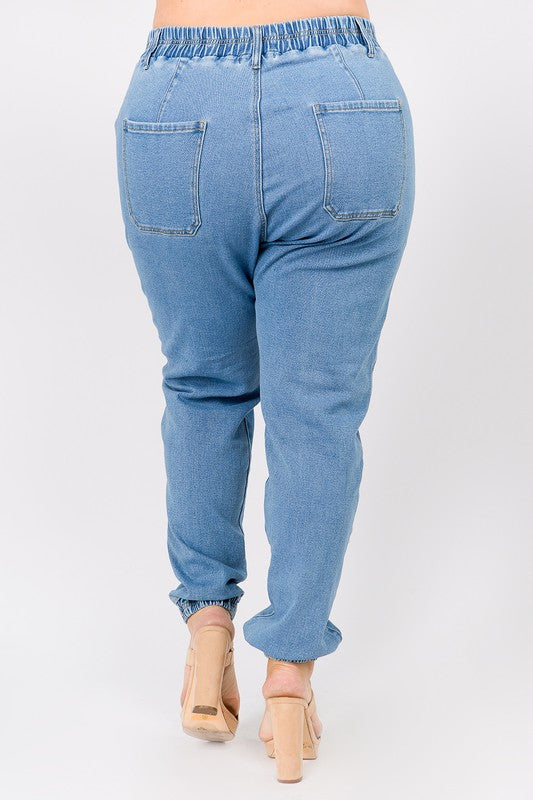 Plus High Waist Banded Denim Joggers