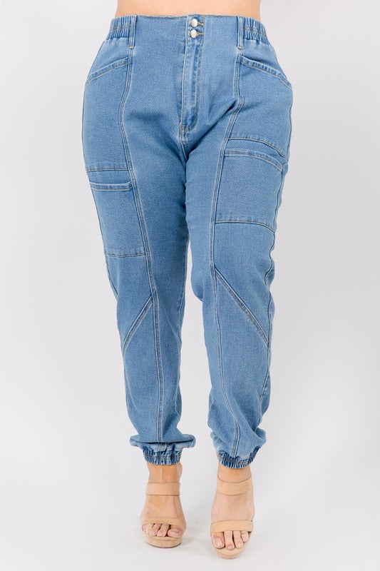 Plus High Waist Banded Denim Joggers