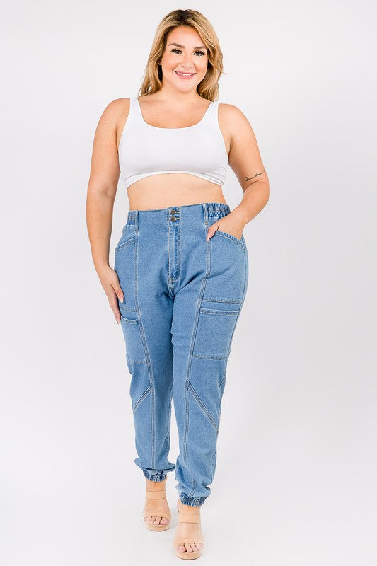 Plus High Waist Banded Denim Joggers