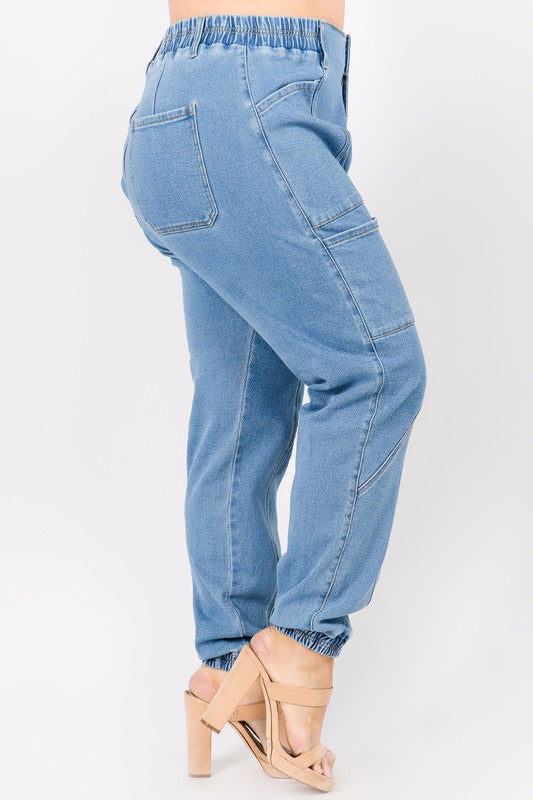 Plus High Waist Banded Denim Joggers
