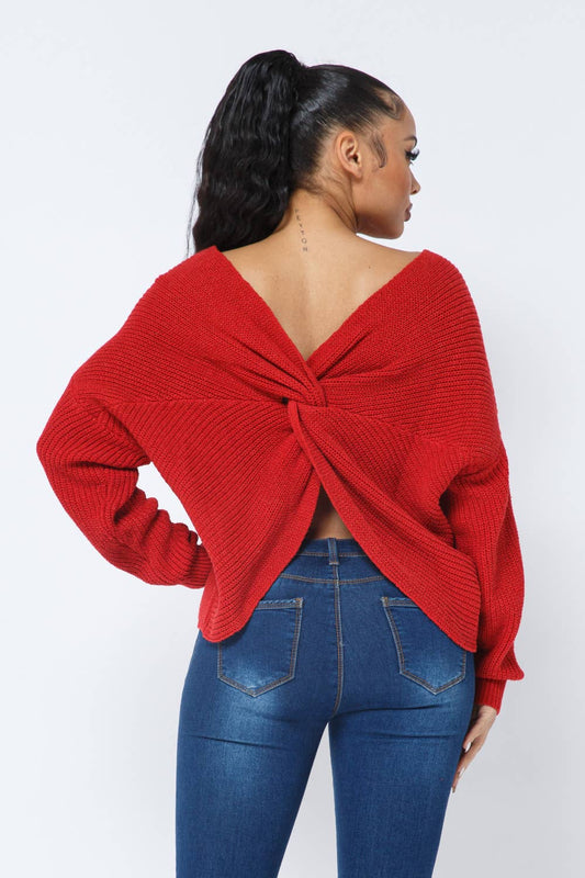 Women's Twist Open Back Loose Fit Long Sleeve Cozy Sweater