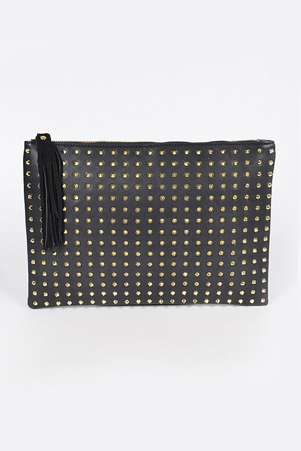 Black Full Spike Pouch Clutch Purse with suede Tassel