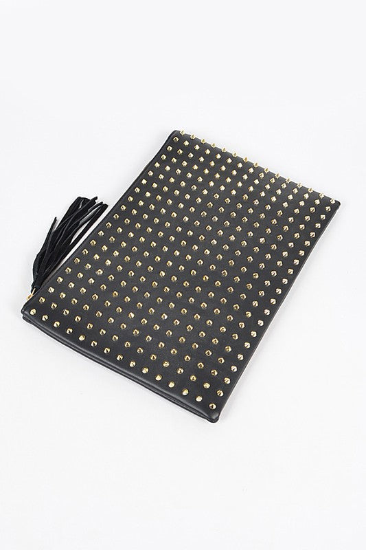 Black Full Spike Pouch Clutch Purse with suede Tassel