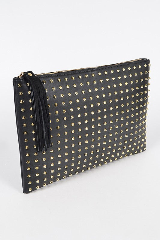 Black Full Spike Pouch Clutch Purse with suede Tassel