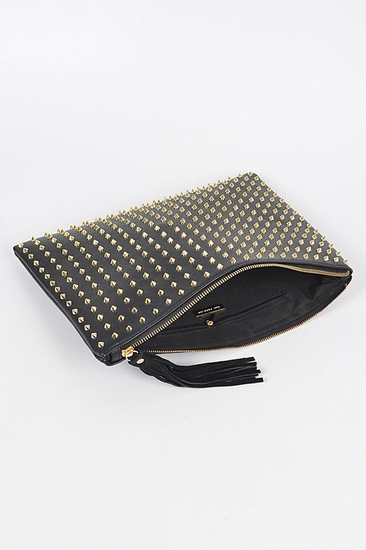Black Full Spike Pouch Clutch Purse with suede Tassel