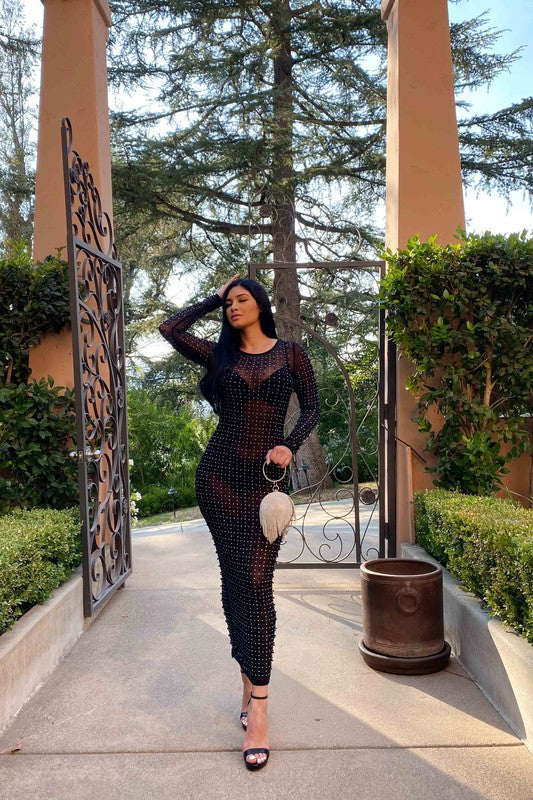 Women's Night Out Black Bead Sexy Long Mesh Dress