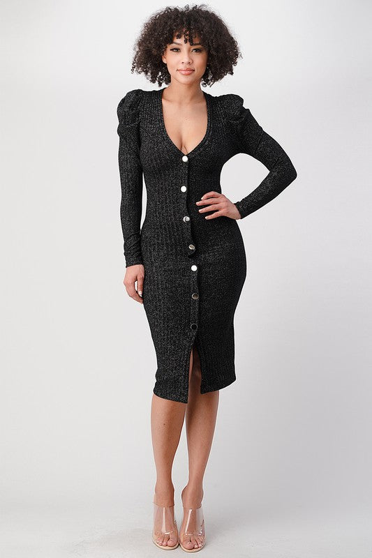 Women's Puffy Sleeve Lurex Rib Midi Bodycon Dress