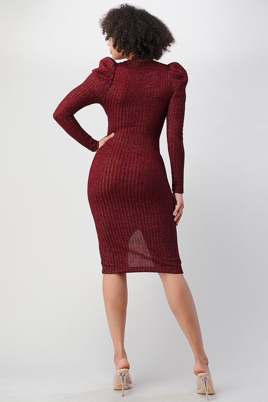 Women's Puffy Sleeve Lurex Rib Midi Bodycon Dress