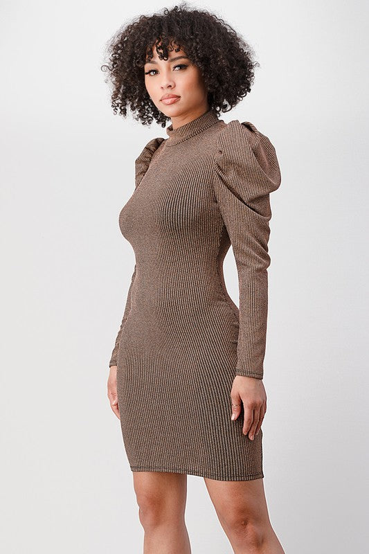 Women's Gold High-Neck Ruched Sleeve Bodycon Dress