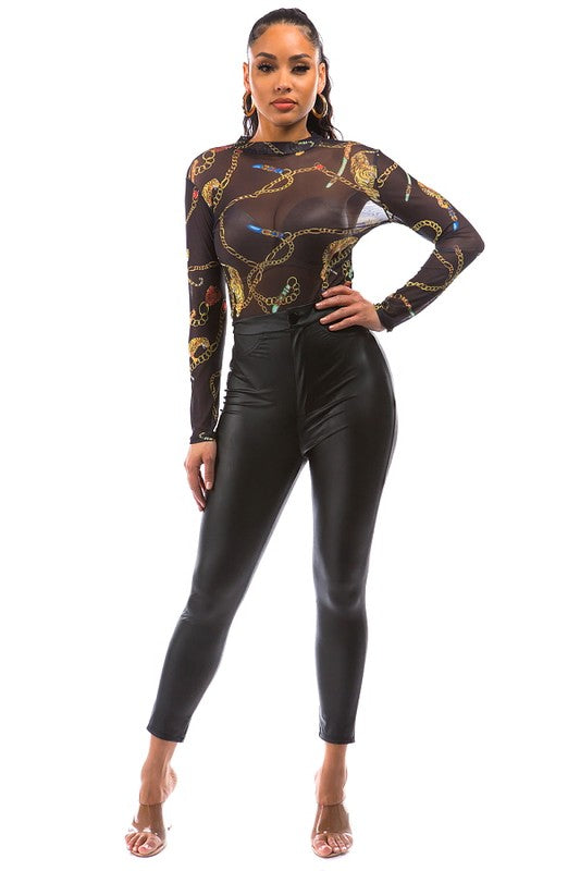 Mesh and Chain Tiger Print Bodysuit