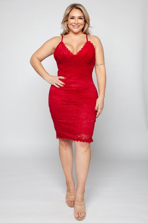 Plus Red Lace Midi Spaghetti Strap Dress