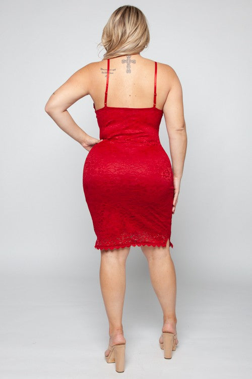 Plus Red Lace Midi Spaghetti Strap Dress