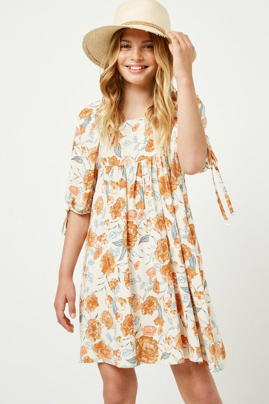 Girls Romantic Floral Tie Sleeve Mini Dress