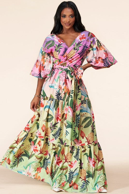 Plus Size Surplice Bodice Flouncy Tiered Dress