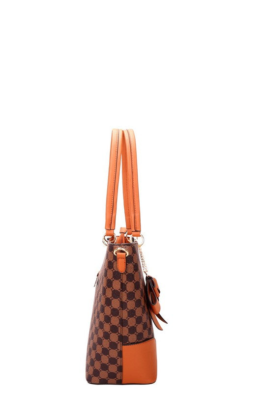 Bow Accent Monogram Print 3 in 1 Tote Handbag Wallet Clutch Purse Set