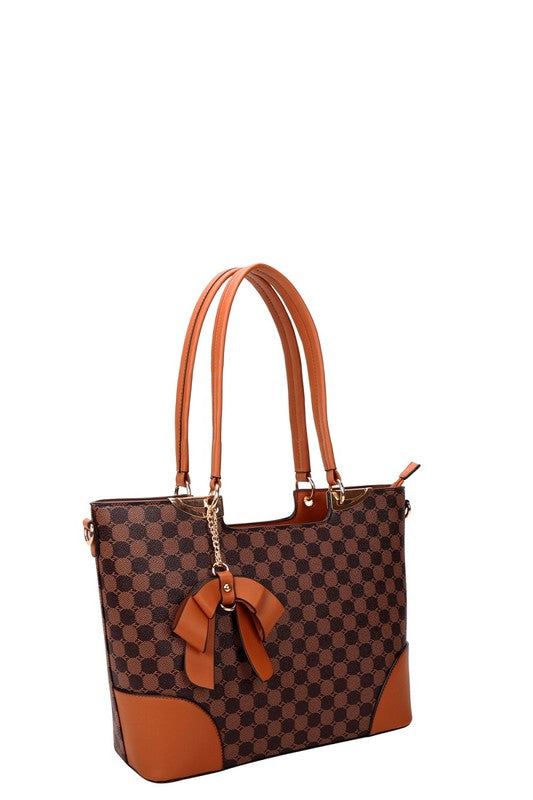 Bow Accent Monogram Print 3 in 1 Tote Handbag Wallet Clutch Purse Set