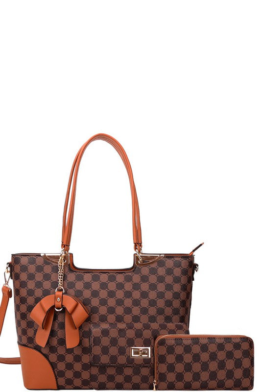 Bow Accent Monogram Print 3 in 1 Tote Handbag Wallet Clutch Purse Set