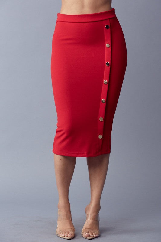 Solid Side Button Midi Skirt