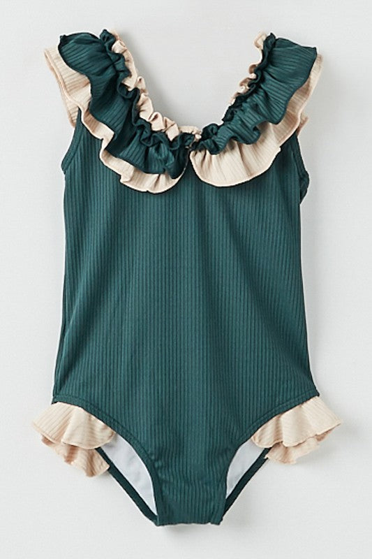 Girls Pink Layered Contrast Ruffle One Piece Swimsuit