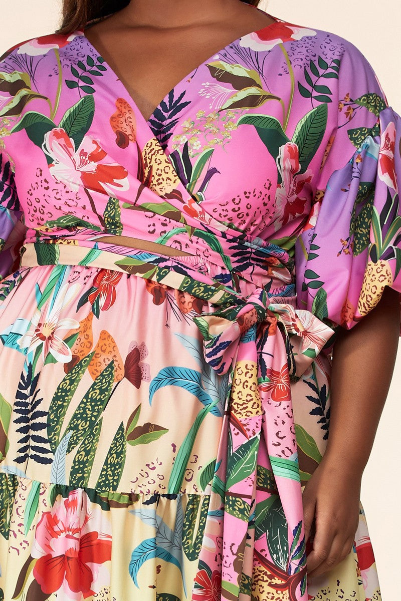 Plus Size Surplice Bodice Flouncy Tiered Dress
