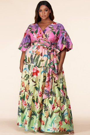 Plus Size Surplice Bodice Flouncy Tiered Dress