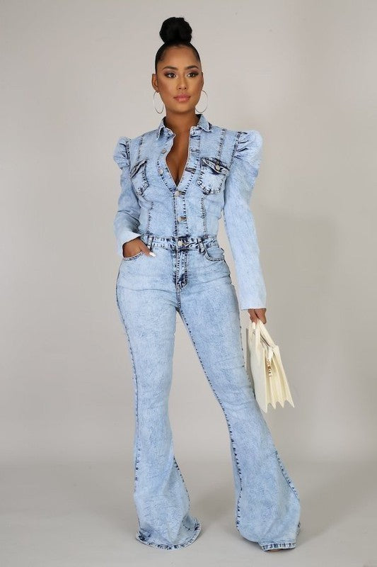 Flare Denim Puff Sleeve Jumpsuit