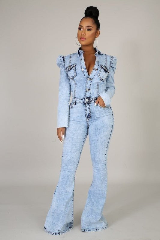 Flare Denim Puff Sleeve Jumpsuit