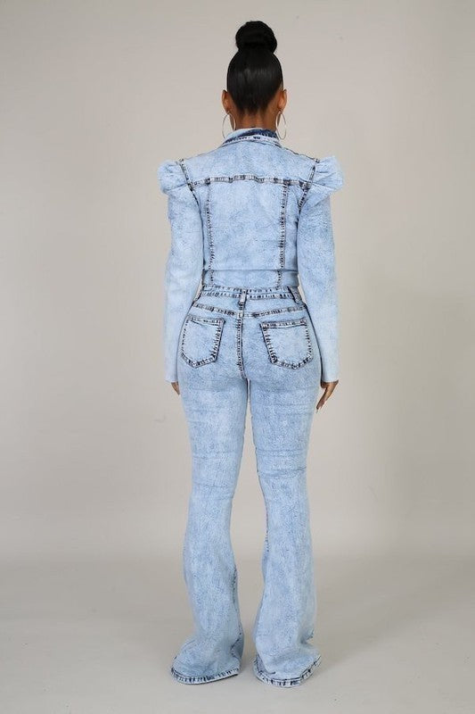 Flare Denim Puff Sleeve Jumpsuit