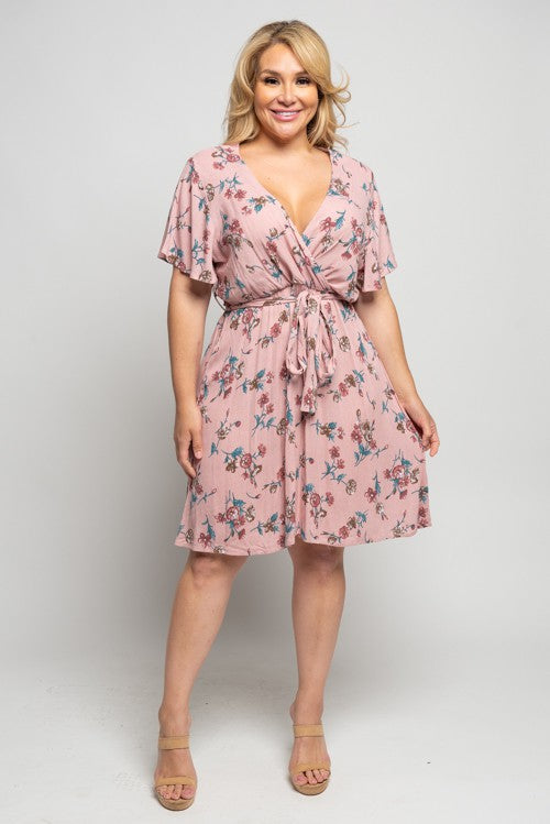 Plus Size Mauve Floral Surplice Dress