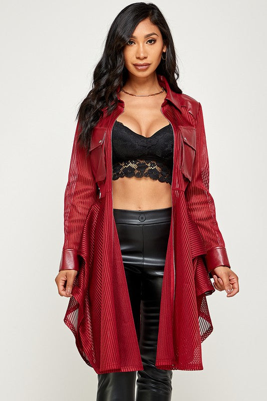 Women's Black Stripe Net Faux Leather Open Closure Dressy Jacket