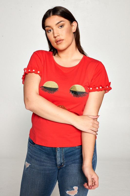 Plus Ruffle Pearl Shirt Sleeve Love Top