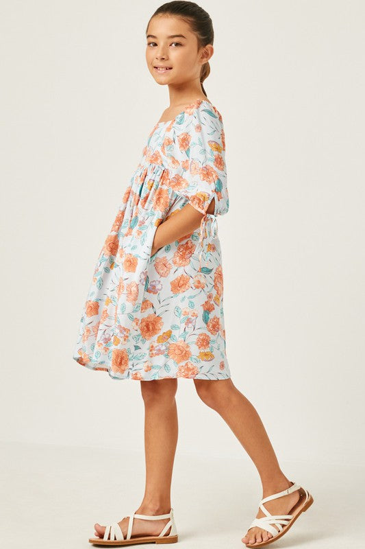 Girls Romantic Floral Tie Sleeve Mini Dress