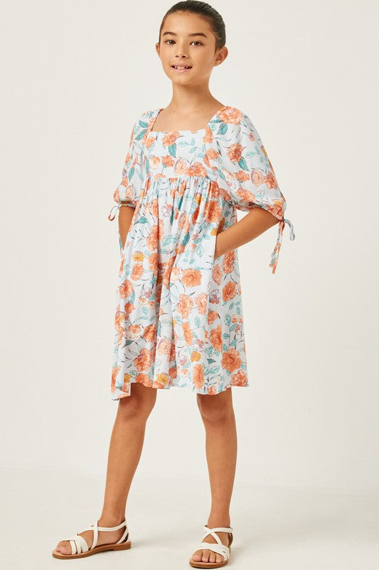 Girls Romantic Floral Tie Sleeve Mini Dress