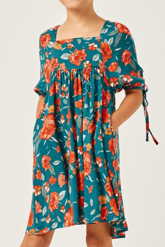 Girls Romantic Floral Tie Sleeve Mini Dress