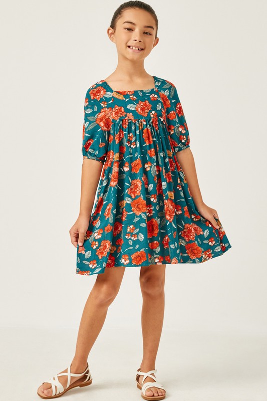 Girls Romantic Floral Tie Sleeve Mini Dress