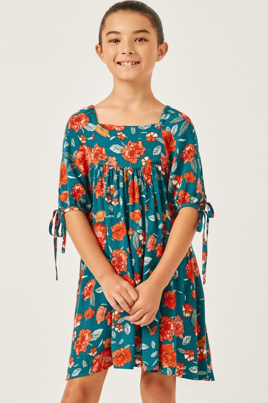 Girls Romantic Floral Tie Sleeve Mini Dress