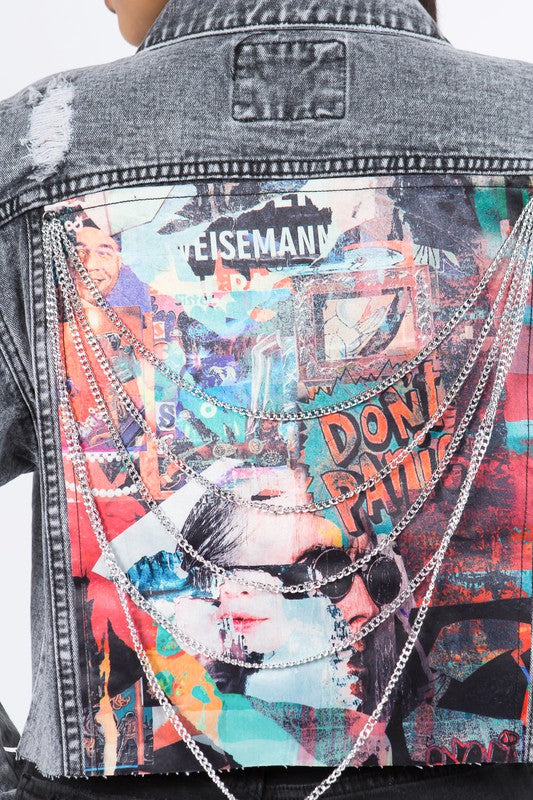 Women's Plus Cropped Denim Jacket with Chains