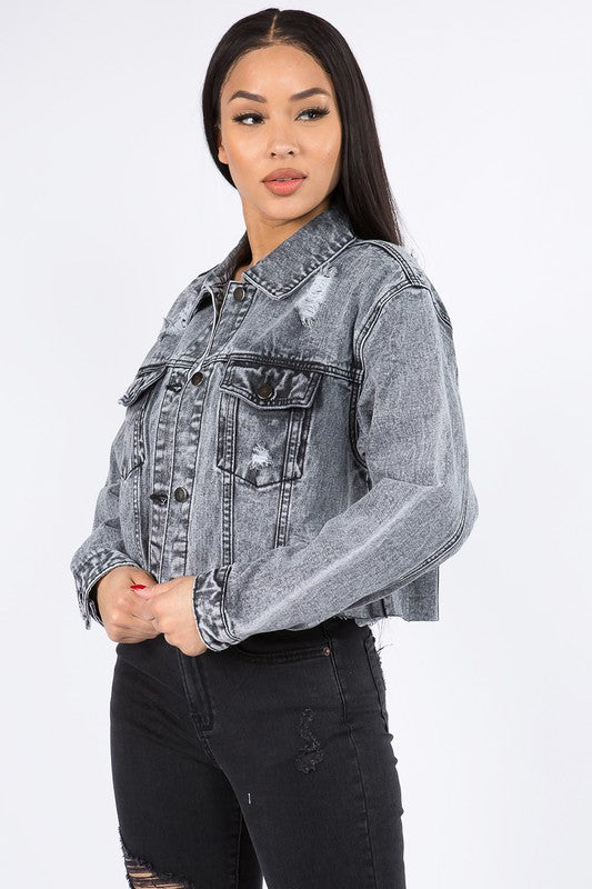 Women's Plus Cropped Denim Jacket with Chains