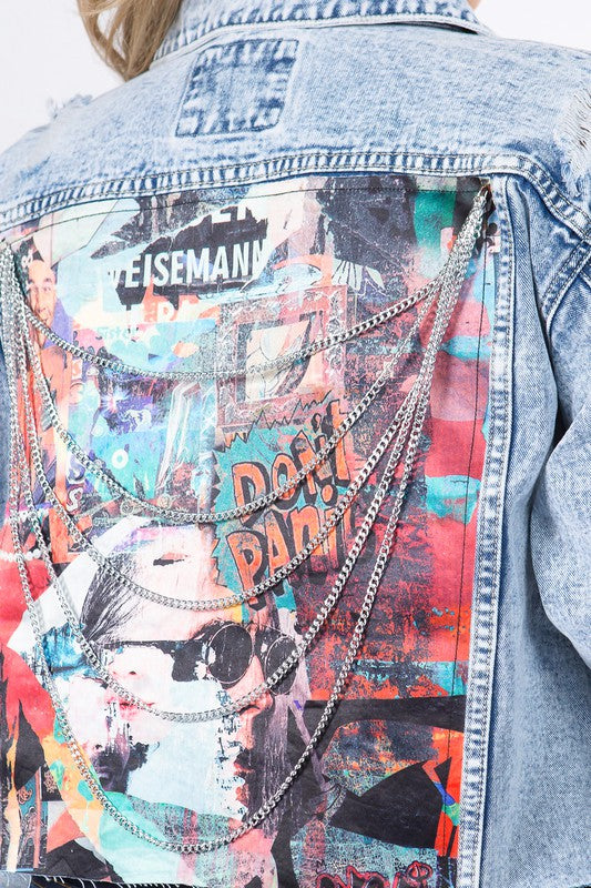 Women's Plus Cropped Denim Jacket with Chains