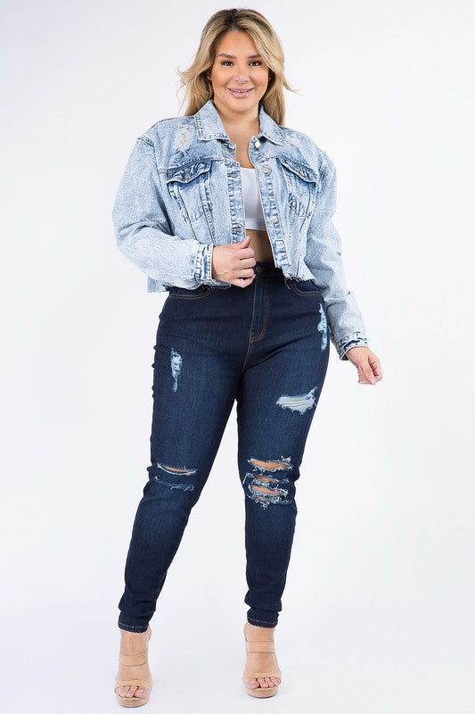 Women's Plus Cropped Denim Jacket with Chains