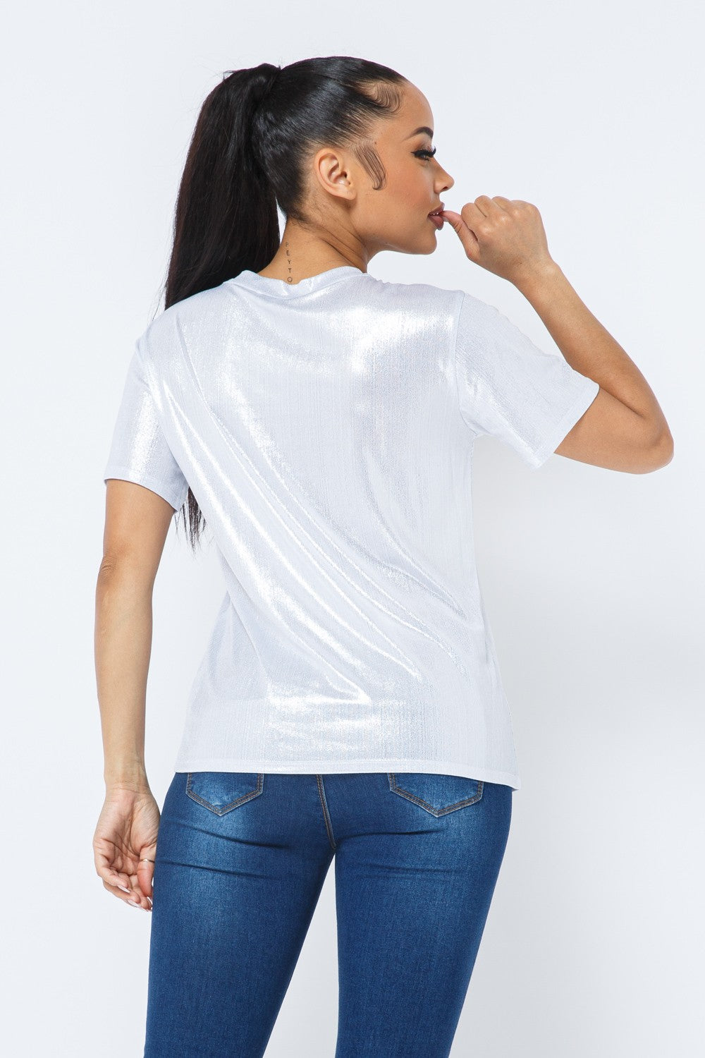 Shinny Foil Fabric Foil Print Short Sleeve Top