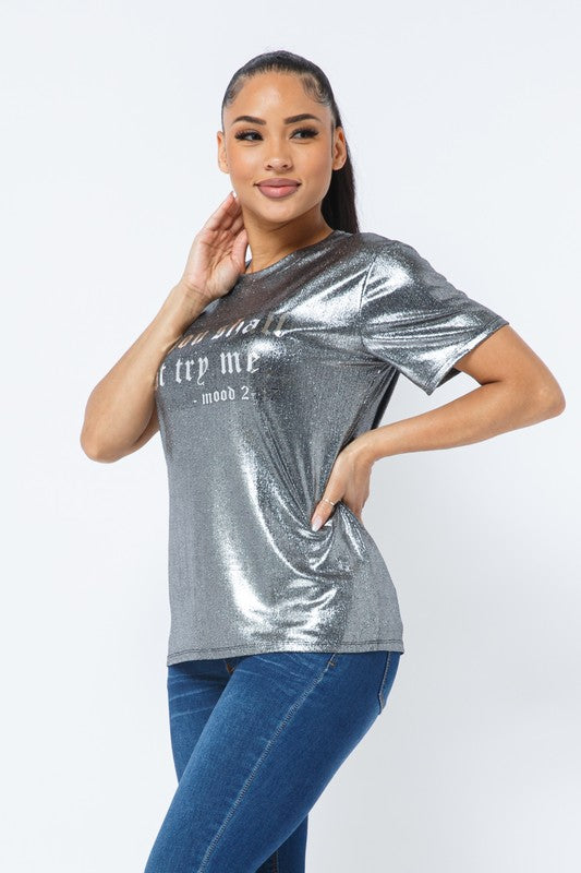 Shinny Foil Fabric Foil Print Short Sleeve Top