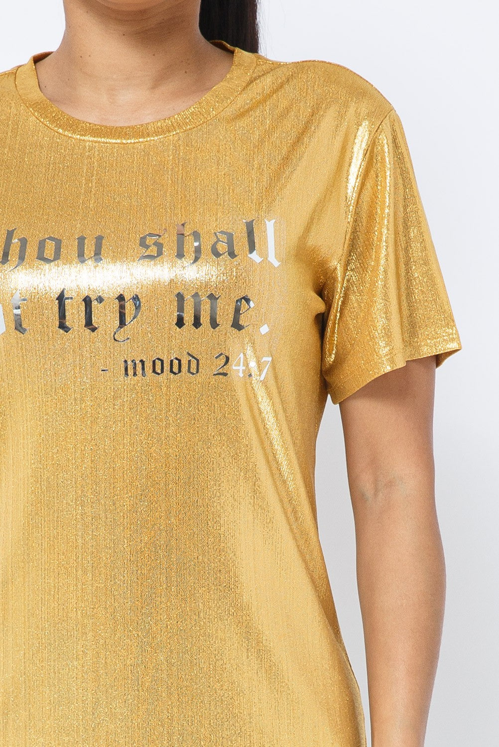 Shinny Foil Fabric Foil Print Short Sleeve Top